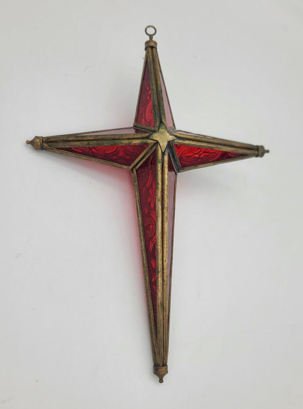 Vintage 1950s 3D Brass & Red Embossed Glass Panels Artisan Suncatcher Cross